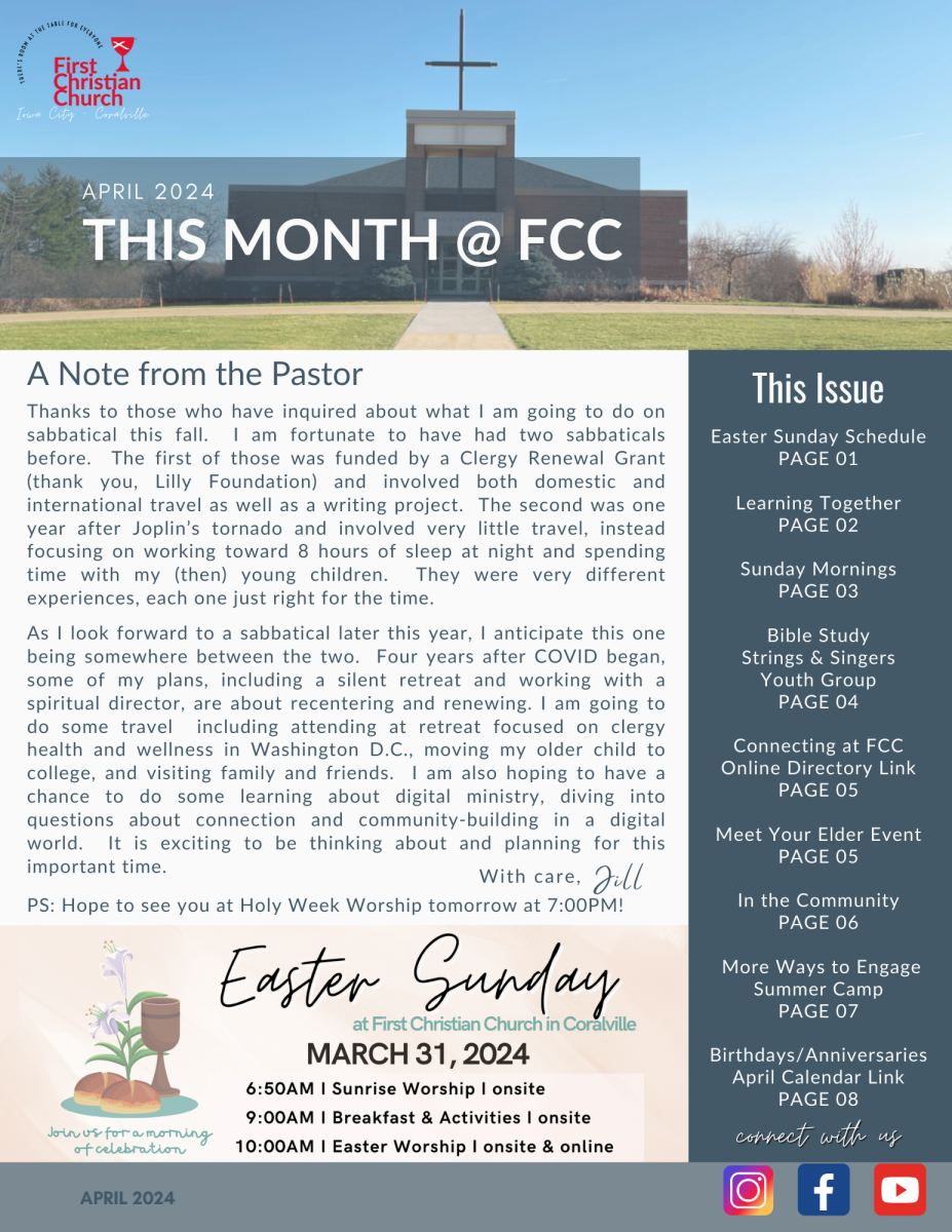 first page of newsletter with image of church at top, note from pastor on left, navigation on right and at the bottom is the easter morning schedule