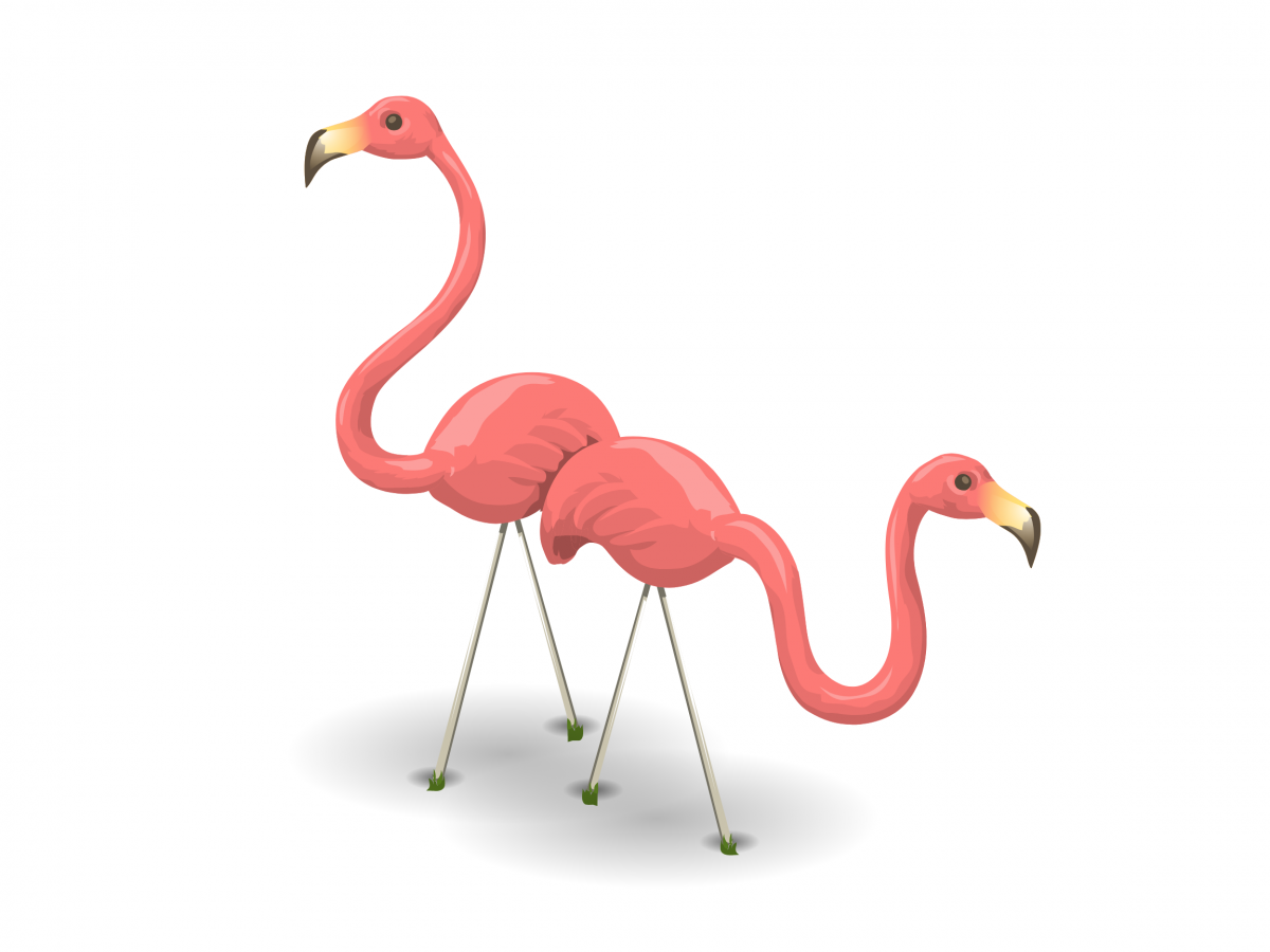 2 pink yard flamingos on metal legs