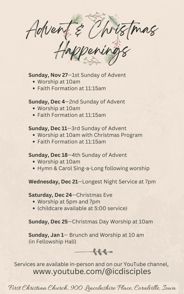 Schedule of Worship and Faith Formation at First Christian Church during Advent and Christmas